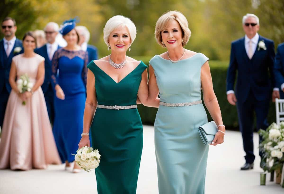 A mother of the bride and a mother of the groom wearing matching dresses in different shades of the same color, standing together at a formal event