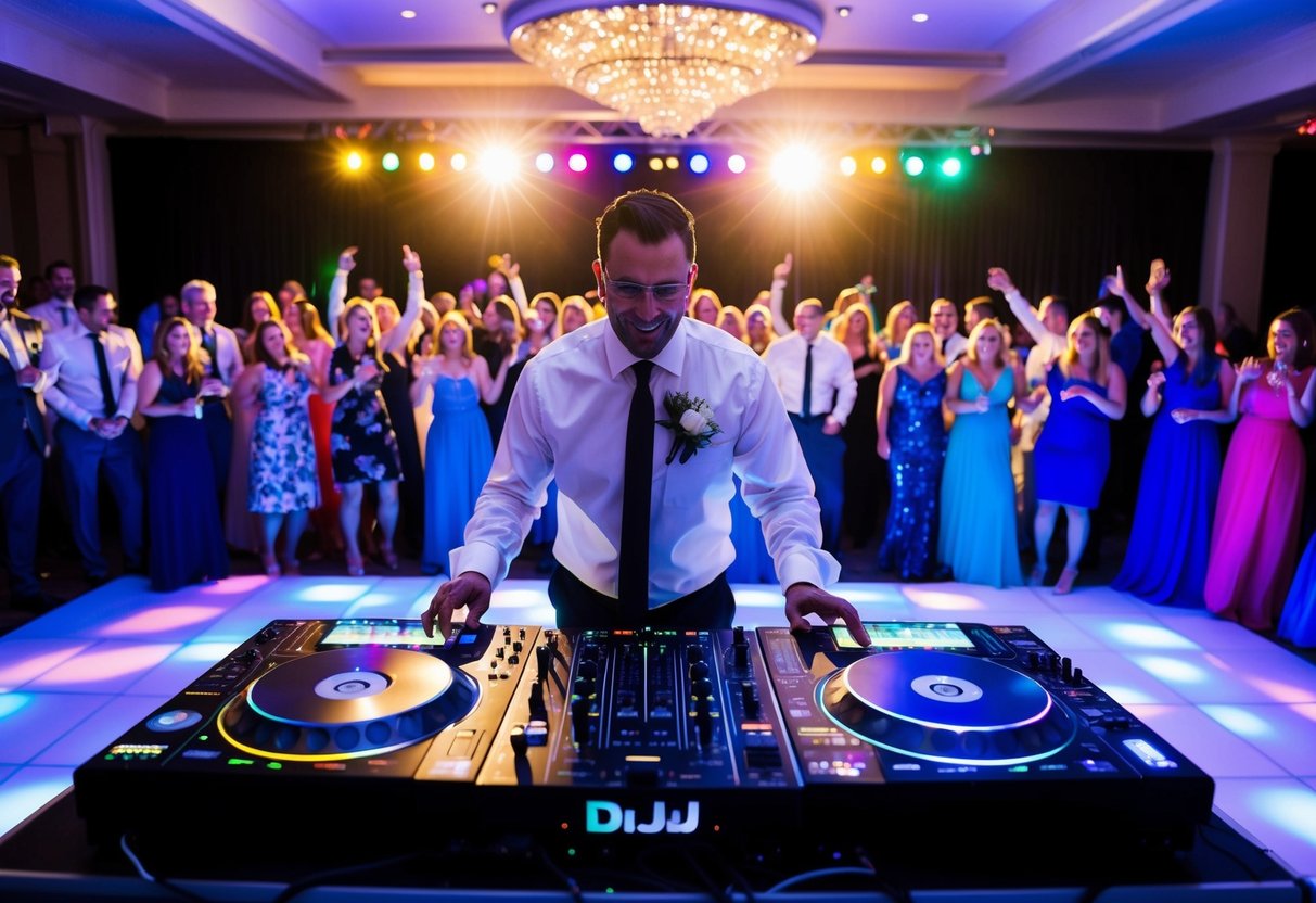 A wedding DJ surrounded by a dance floor filled with happy guests, colorful lights flashing, and music equipment set up on a stage