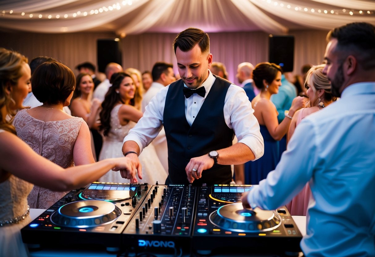 A DJ at a wedding, surrounded by dancing guests, adjusts the sound system and selects songs from a large collection of music