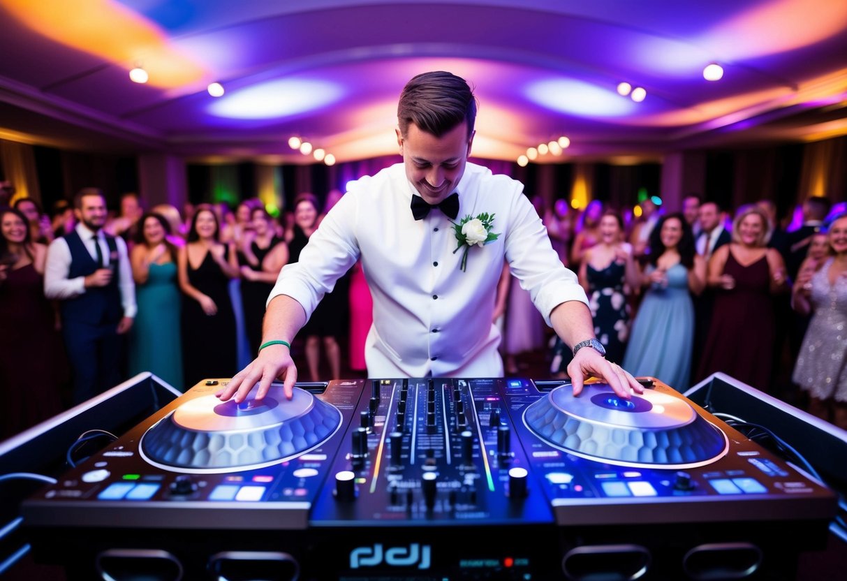 A wedding DJ standing behind a turntable, surrounded by colorful lights and a dance floor filled with happy guests