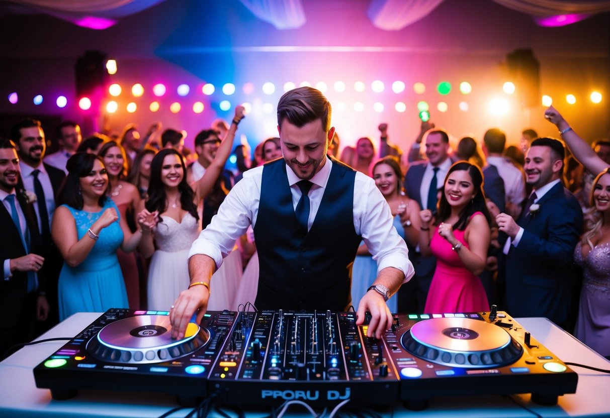 A wedding DJ surrounded by a crowd, mixing music on a professional setup with colorful lights flashing and people dancing joyfully