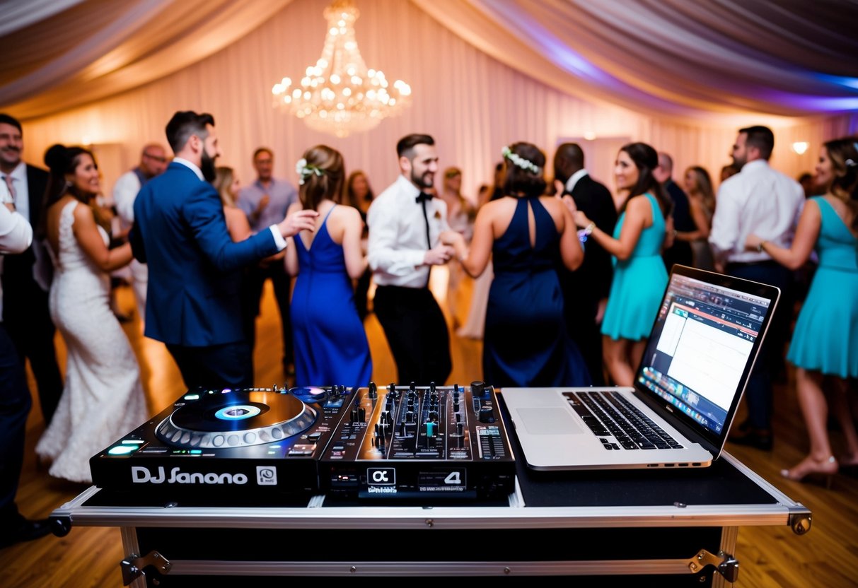 A DJ booth with a turntable, mixer, and laptop, surrounded by dancing guests at a wedding venue