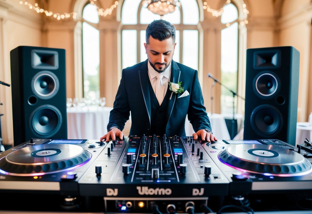 A wedding DJ surrounded by a variety of music equipment, including turntables, speakers, and a mixing board