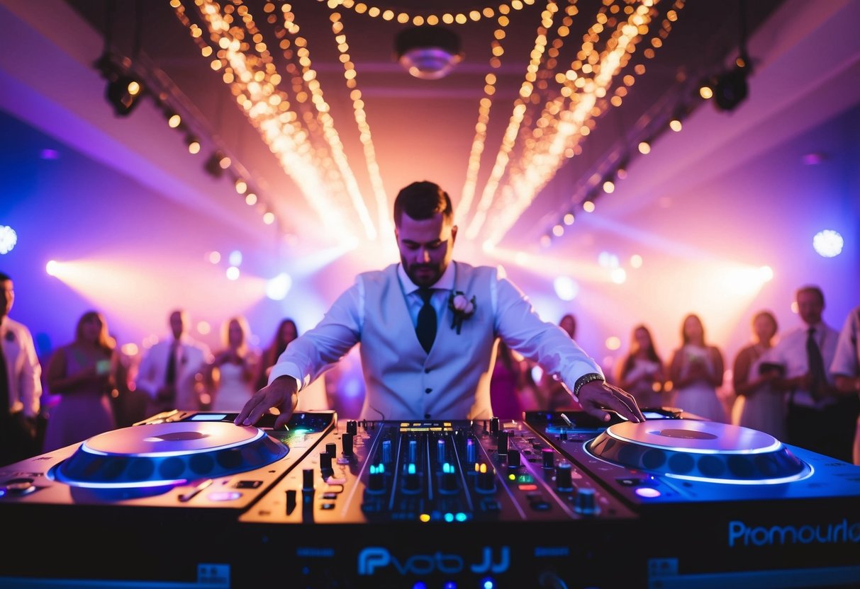 A wedding DJ surrounded by colorful lights and sound equipment, creating a lively and romantic atmosphere for the bride and groom