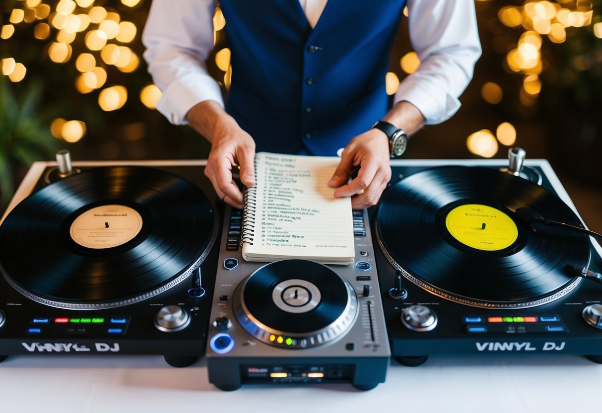 A wedding DJ surrounded by a collection of vinyl records and a notebook filled with song titles
