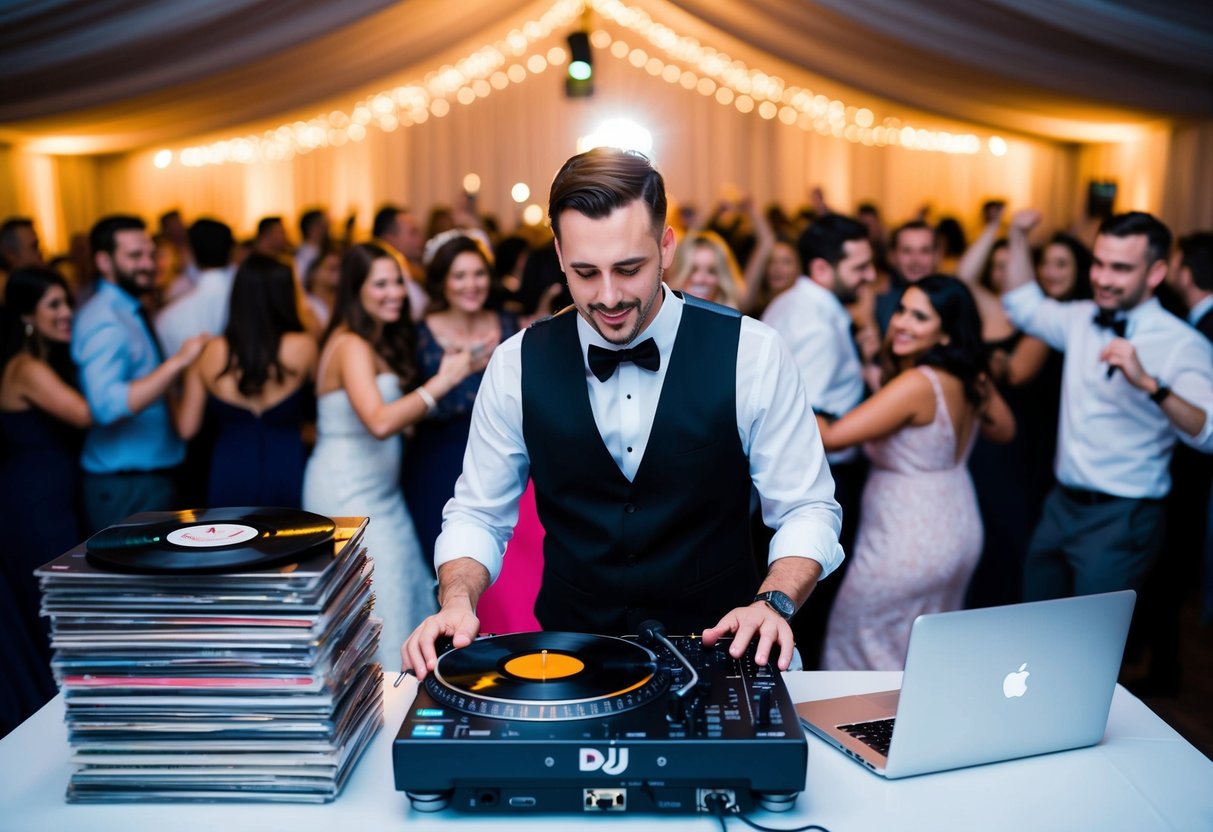 A wedding DJ surrounded by a stack of vinyl records, a laptop, and a microphone, with a crowd of dancing guests in the background