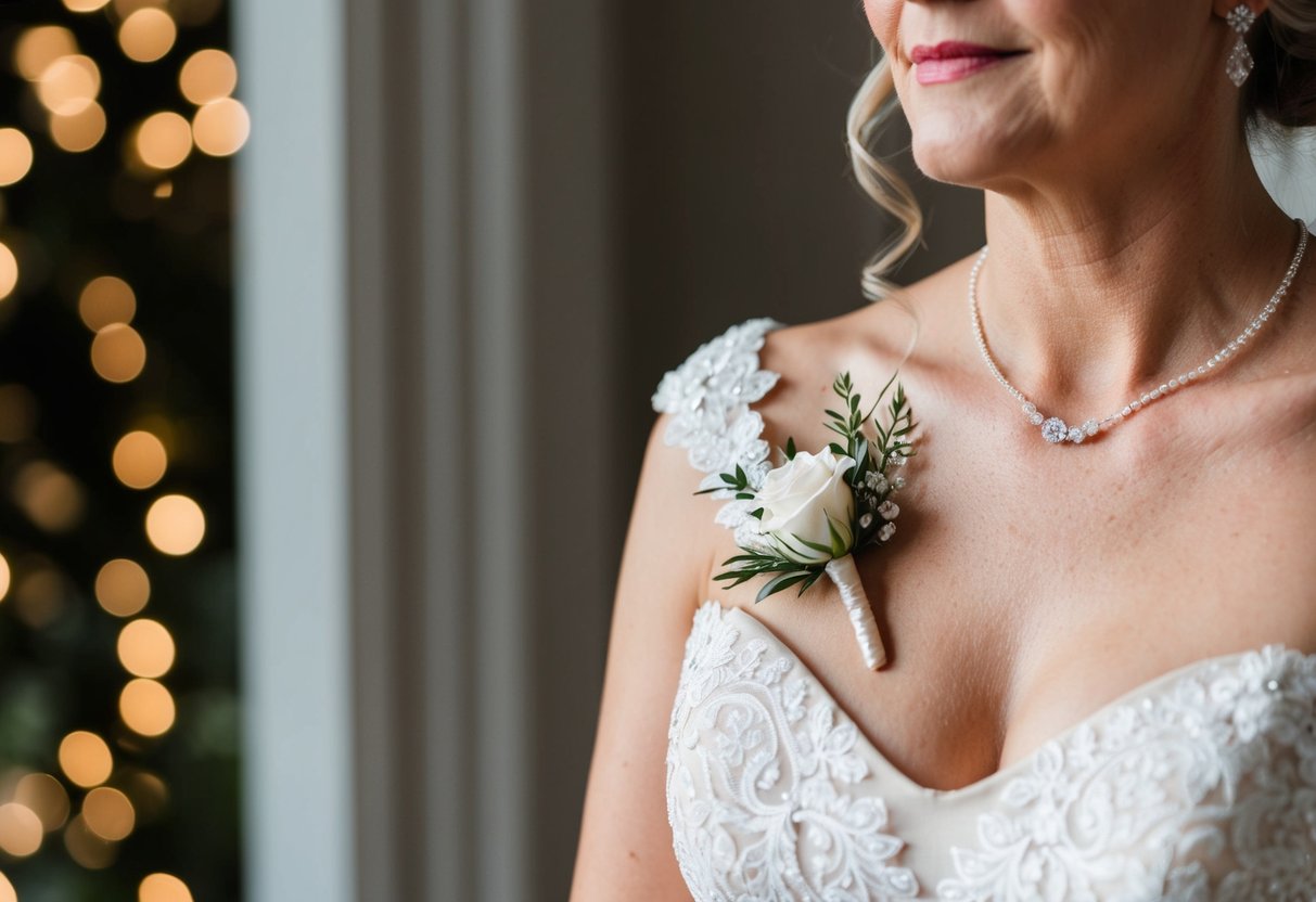 A mother of the bride wears a delicate buttonhole on her elegant dress, adding a touch of sophistication to her outfit for the wedding
