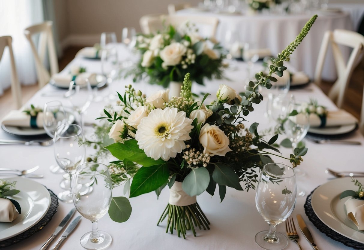 A table adorned with delicate floral buttonholes, ribbons, and greenery for the wedding party