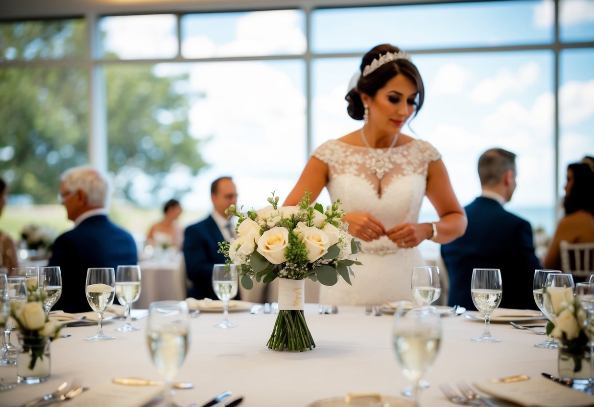 A table set with elegant buttonholes, while a mother of the bride adjusts her dress in the background