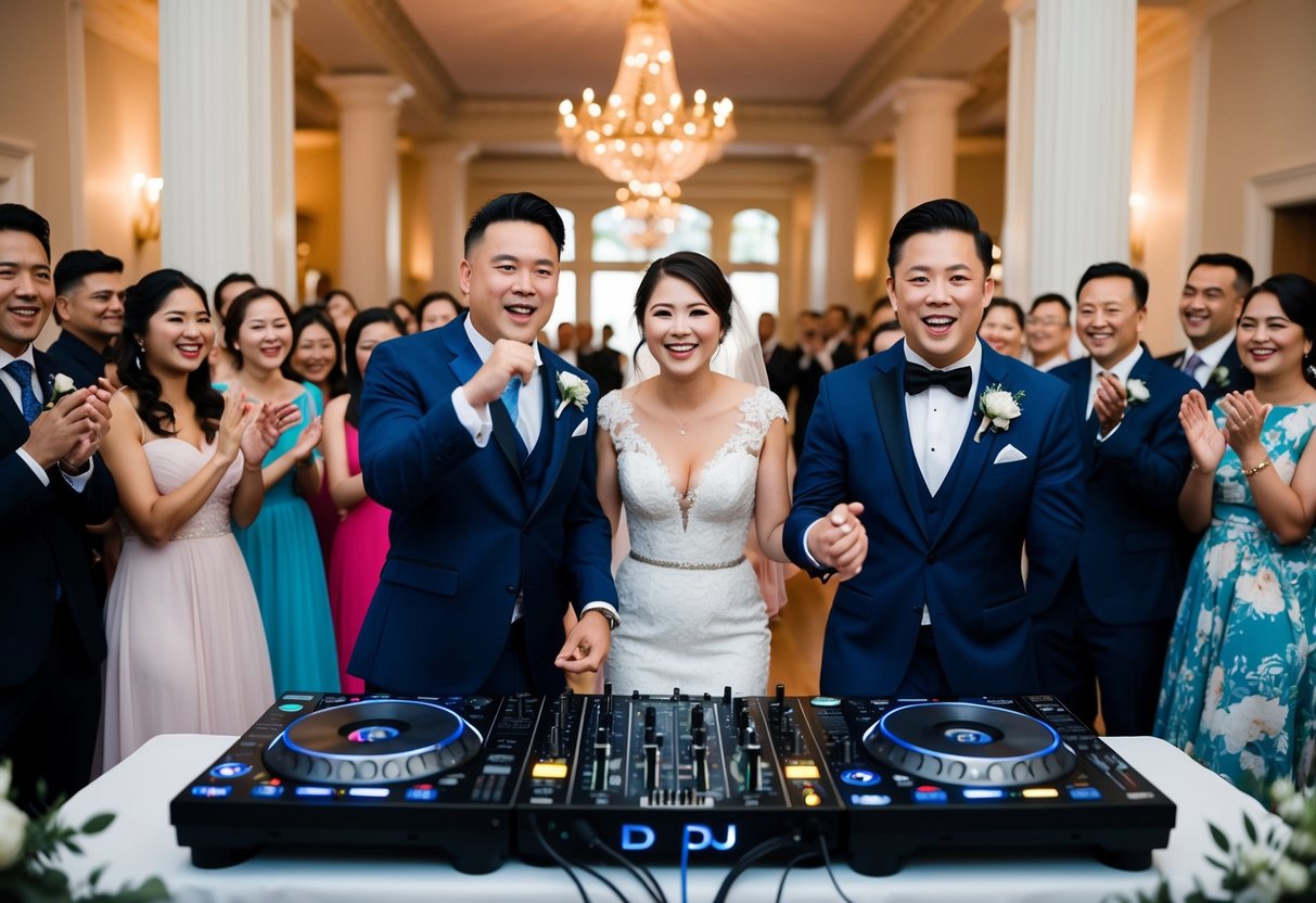 A DJ announces the newlywed couple's entrance at a wedding, as the crowd cheers and claps in a beautifully decorated reception hall