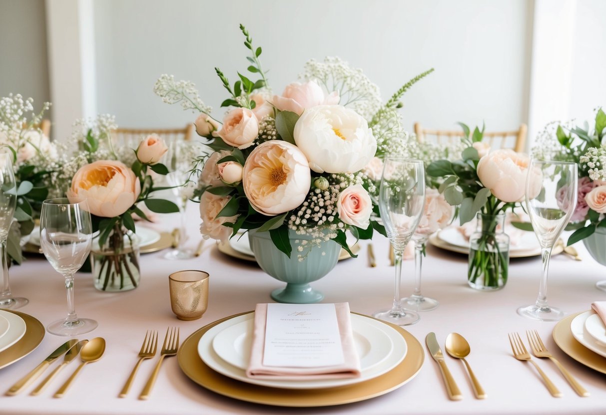 A table set with elegant floral arrangements in soft pastel hues, featuring roses, peonies, and delicate baby's breath, ready for a special occasion