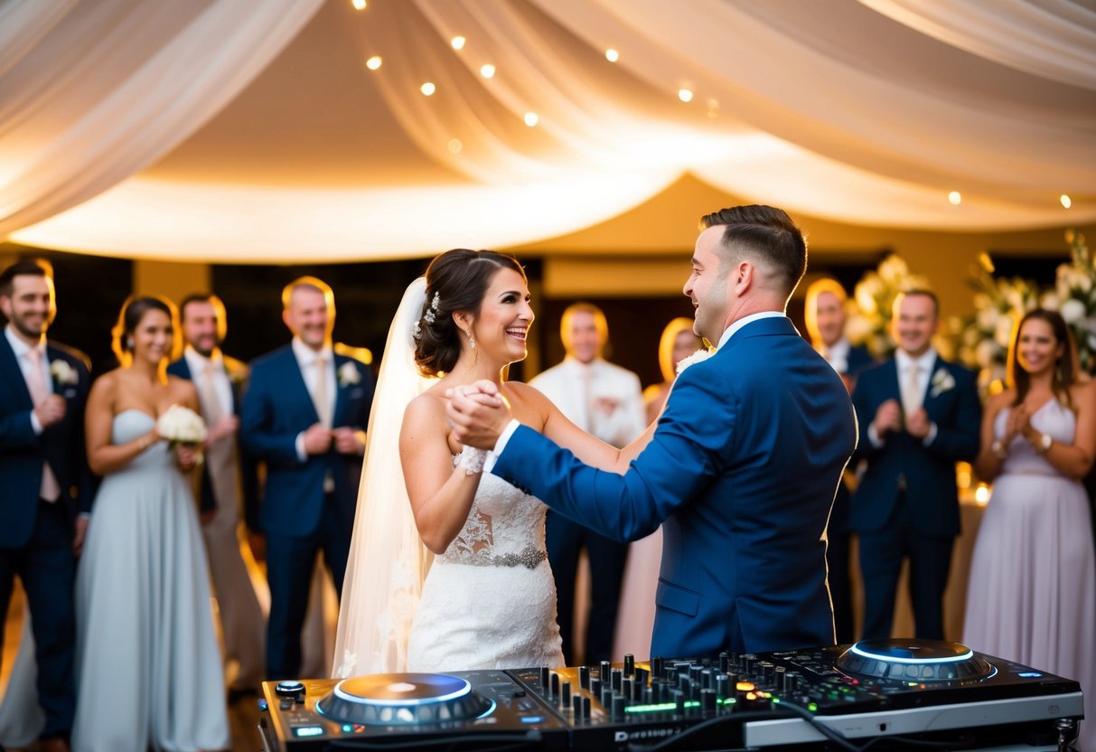 The DJ announces the newlyweds' first dance, inviting the guests to join in and celebrate the couple's special moment