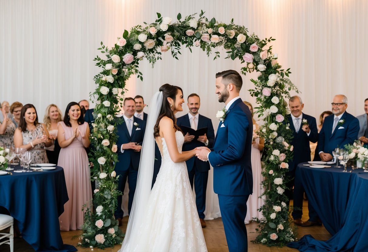 A bride and groom exchanging vows under a floral arch, surrounded by smiling guests. A disorganized and chaotic reception with overturned tables and unhappy guests