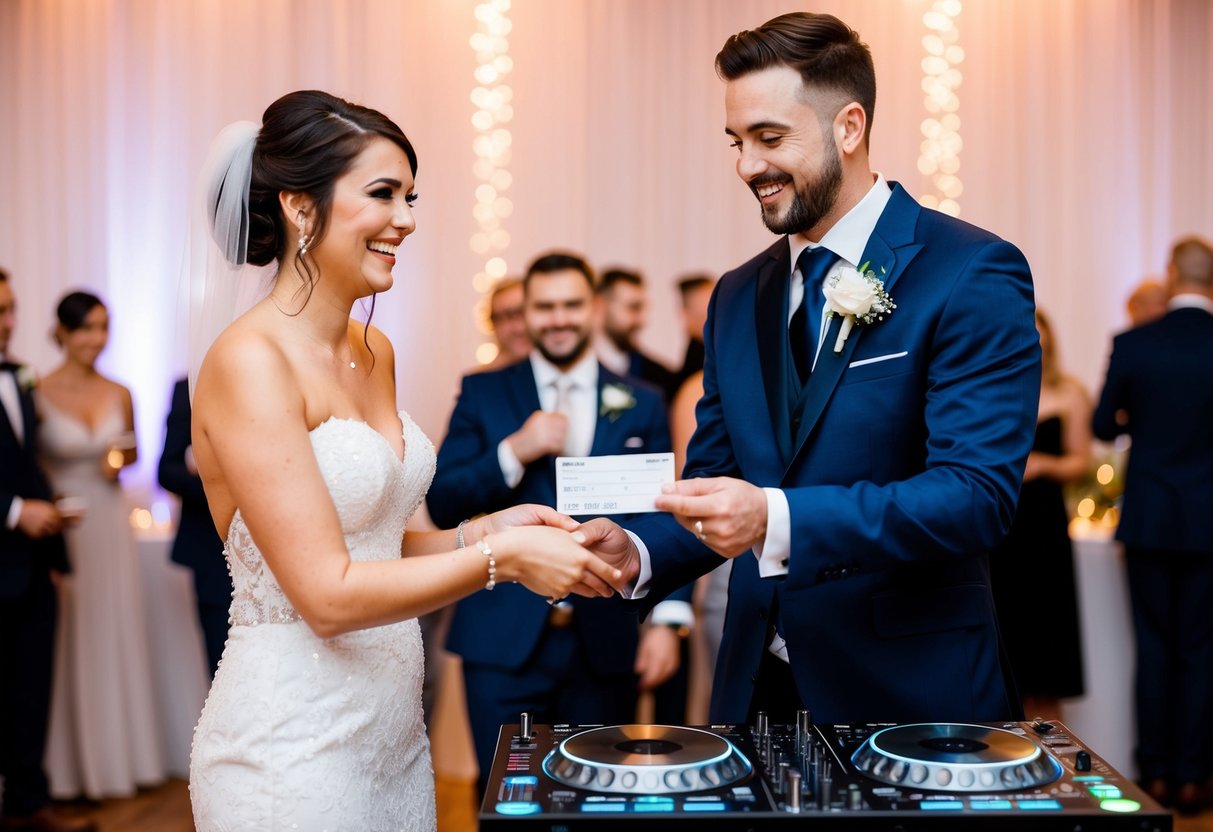 A bride and groom happily hand over payment to a DJ or band at their wedding reception