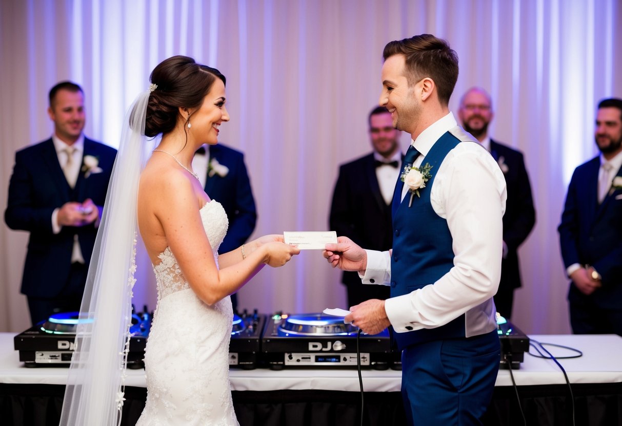A bride and groom stand at a wedding reception, handing a check to the DJ or band