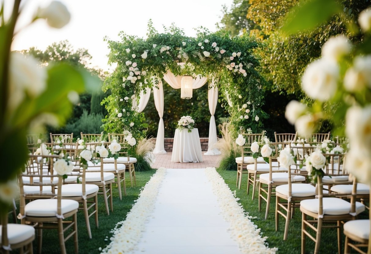 A serene outdoor garden wedding with elegant decor and soft, natural lighting