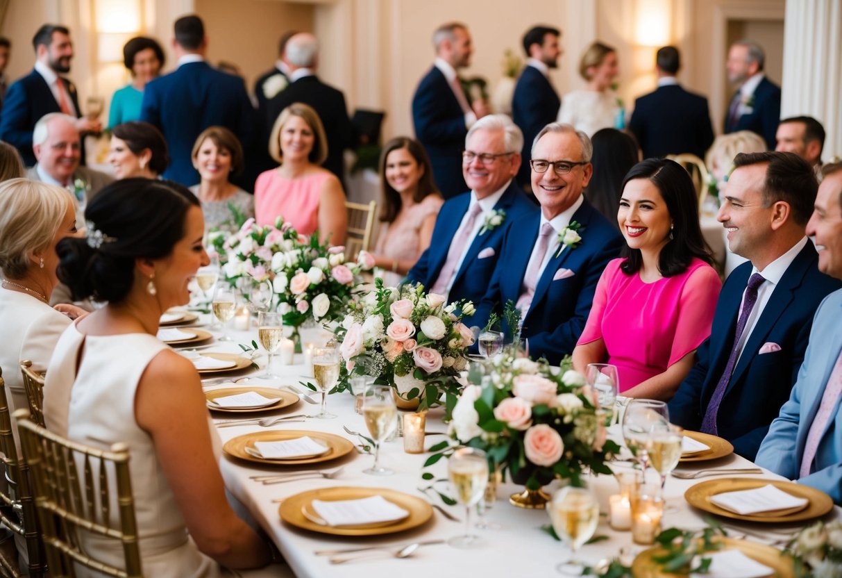 A beautifully decorated table with elegant place settings and floral centerpieces, surrounded by happy and well-dressed guests mingling and enjoying themselves
