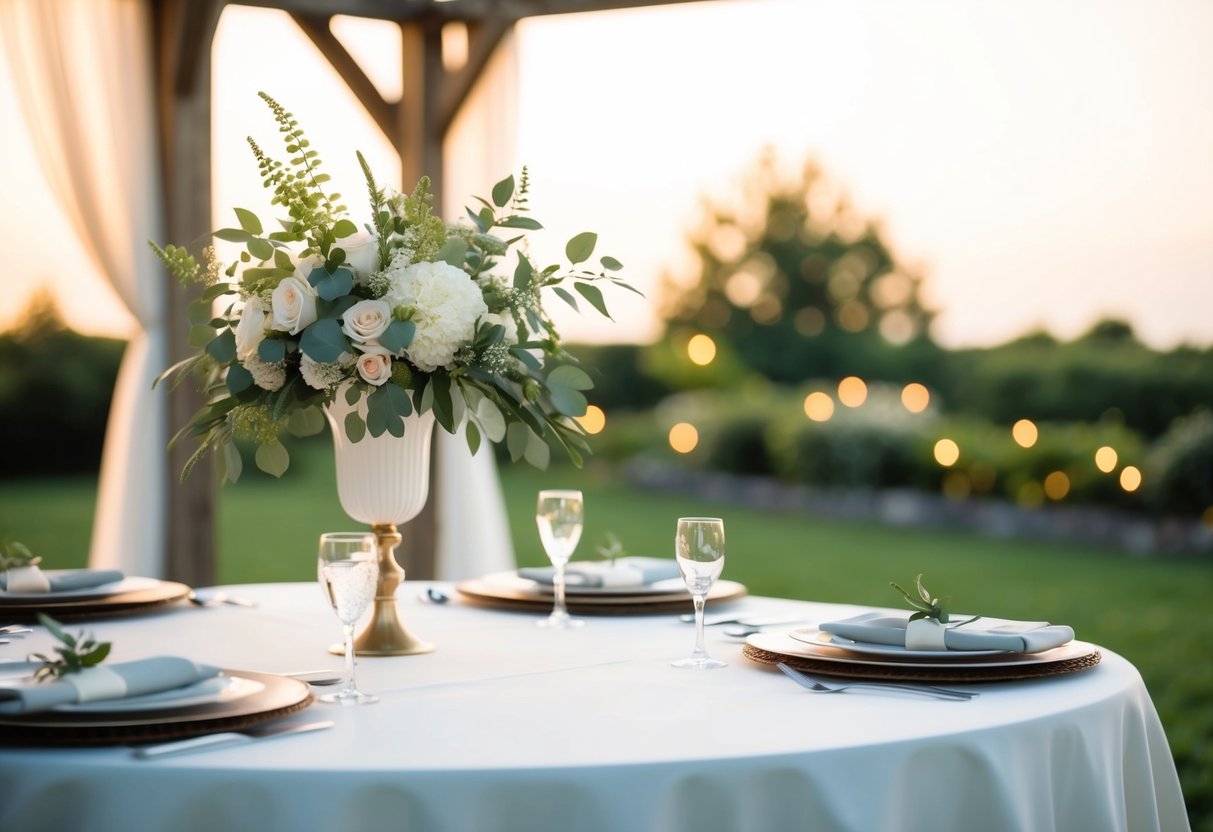 A serene outdoor wedding with elegant decor, soft lighting, and natural elements to avoid a tacky atmosphere