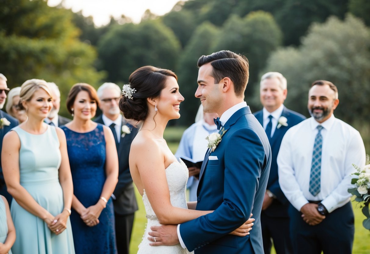 A bride and groom standing face to face, surrounded by family and friends, with an officiant in the background