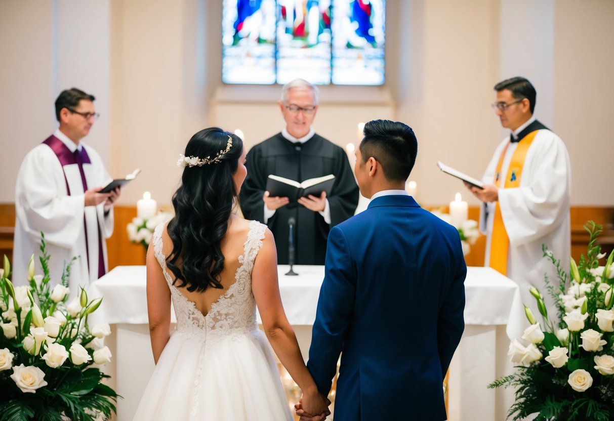 A couple standing at the altar, facing each other, with the officiant in the background, holding a book or document