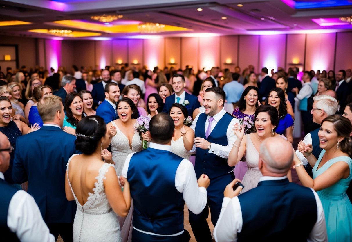 A bustling wedding reception with a dance floor, colorful lights, and a crowd of joyful guests