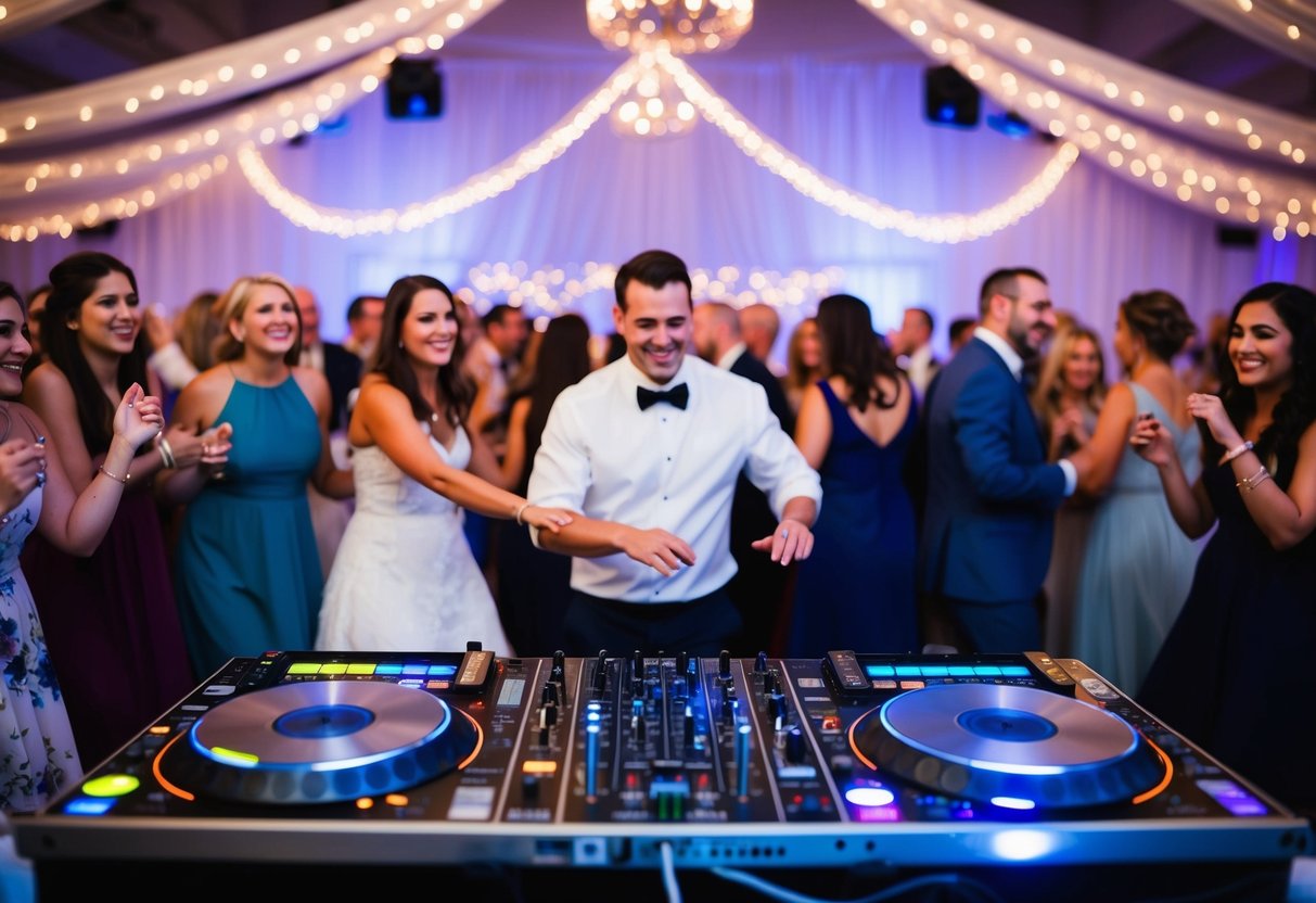 A festive wedding reception with a lively dance floor and a DJ spinning music, surrounded by happy guests