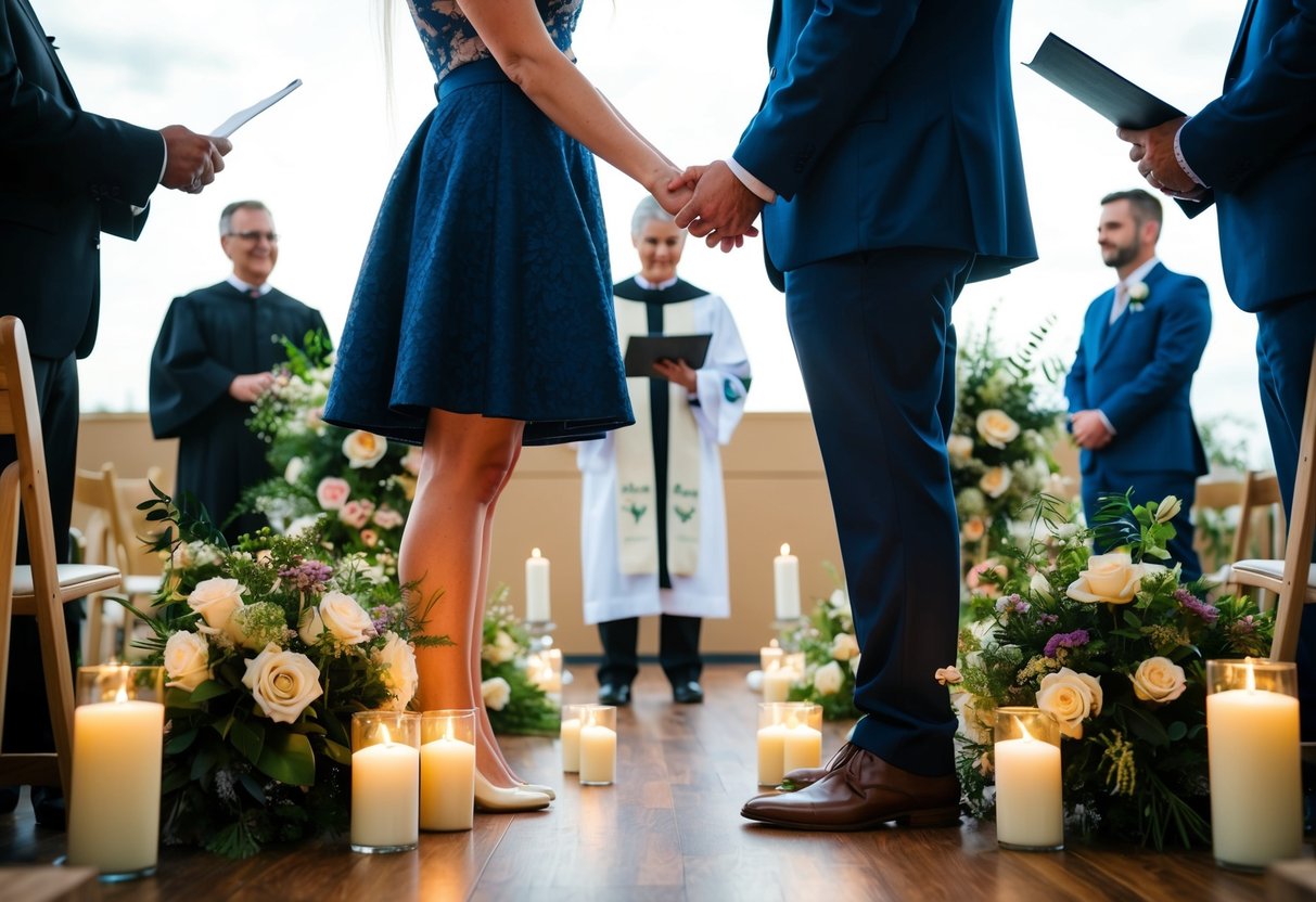 A couple stands facing each other, surrounded by flowers and candles, with an officiant in the background