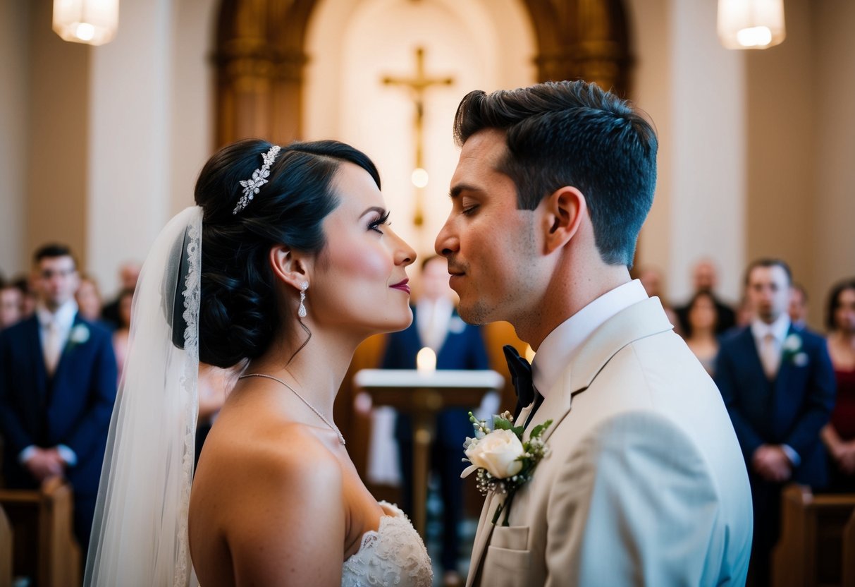 A couple standing at the altar, facing each other, with the bride looking uncertain while the groom leans in for a kiss