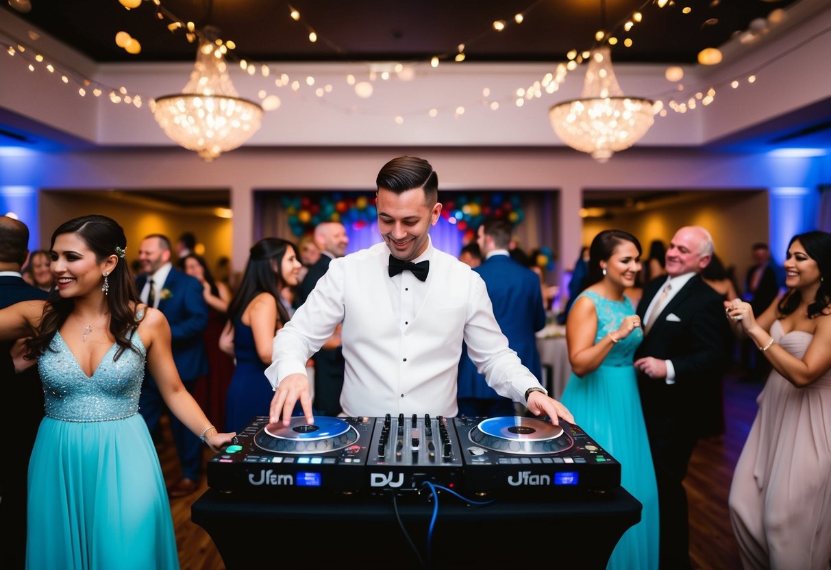 A wedding reception with a DJ playing music, surrounded by dancing guests and colorful decorations
