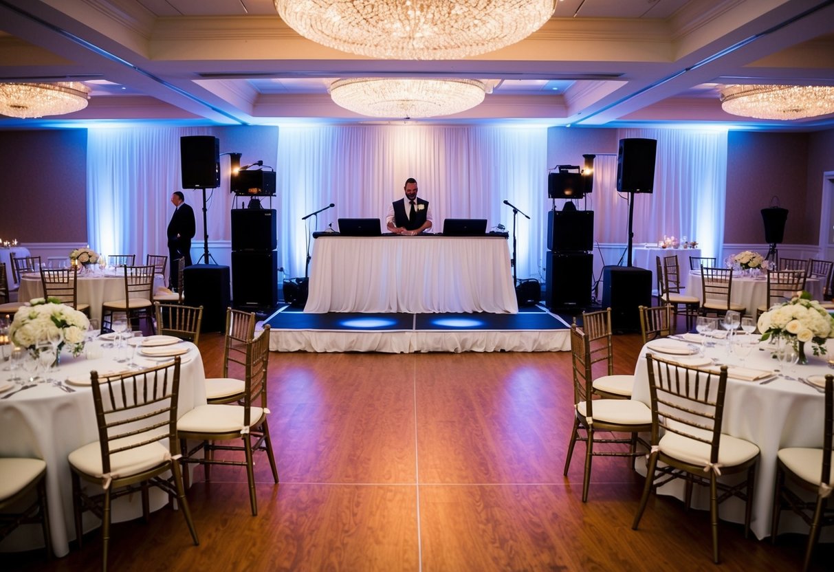 A wedding venue with a DJ booth and dance floor, surrounded by tables and chairs for guests. Lighting and sound equipment are set up for the DJ