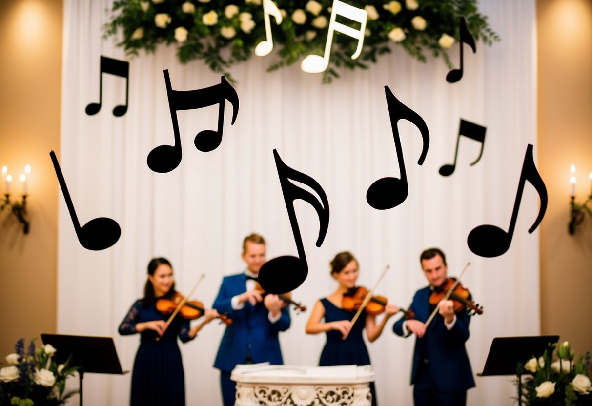 Several musical notes float above a decorative wedding altar, as a string quartet performs in the background