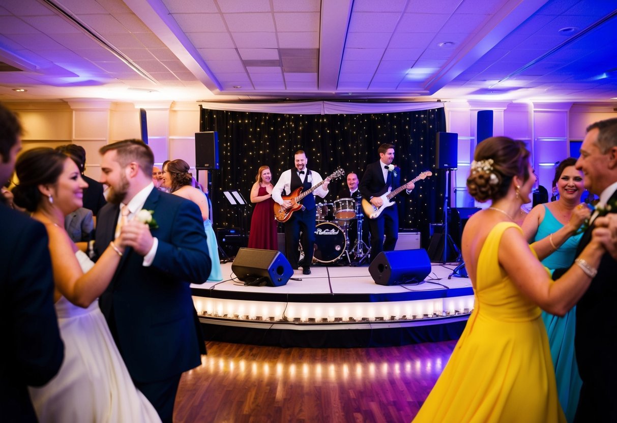 A lively wedding reception with a band playing on a stage, surrounded by dancing guests and twinkling lights