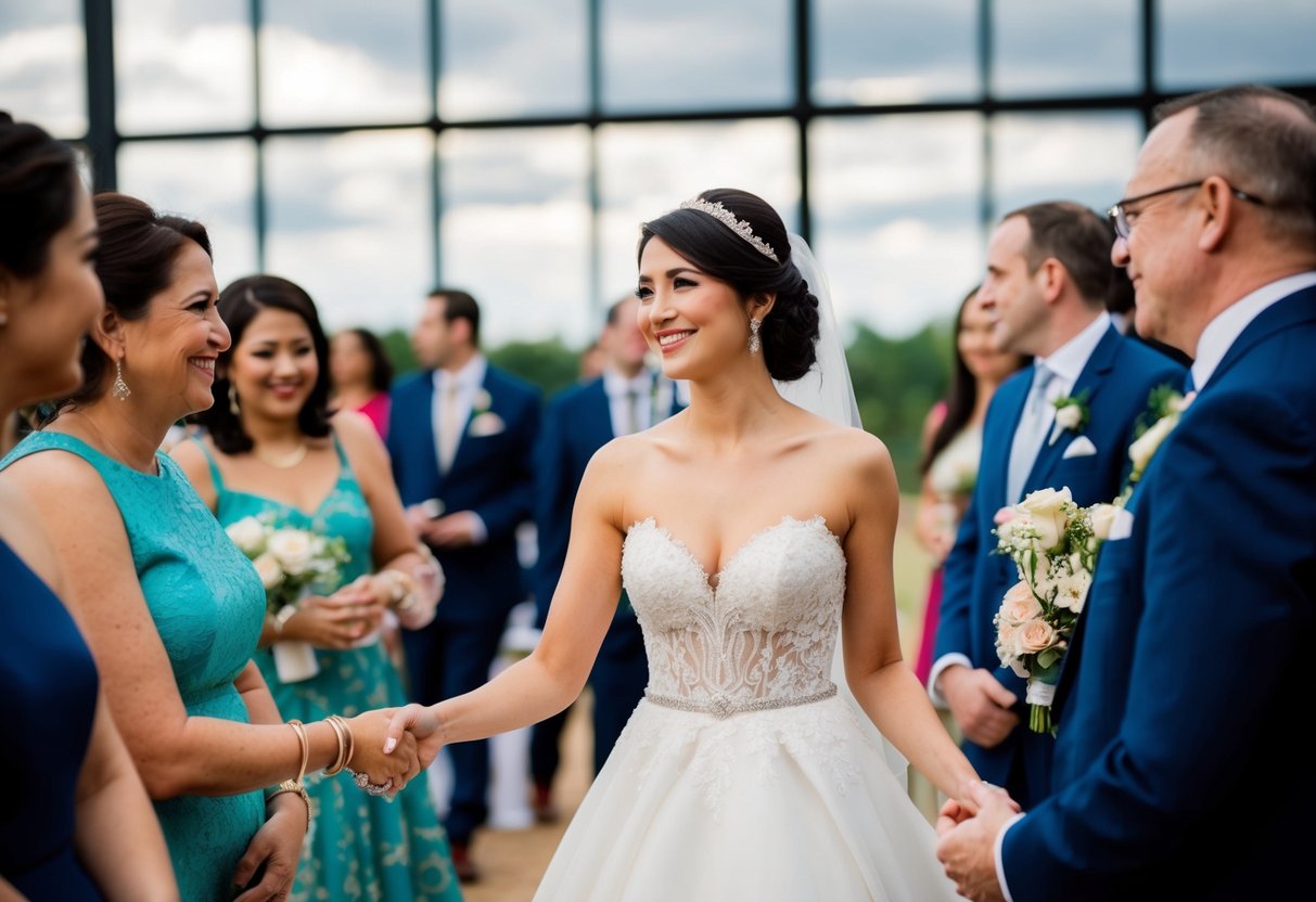 A bride gracefully greeting guests at pre-wedding events