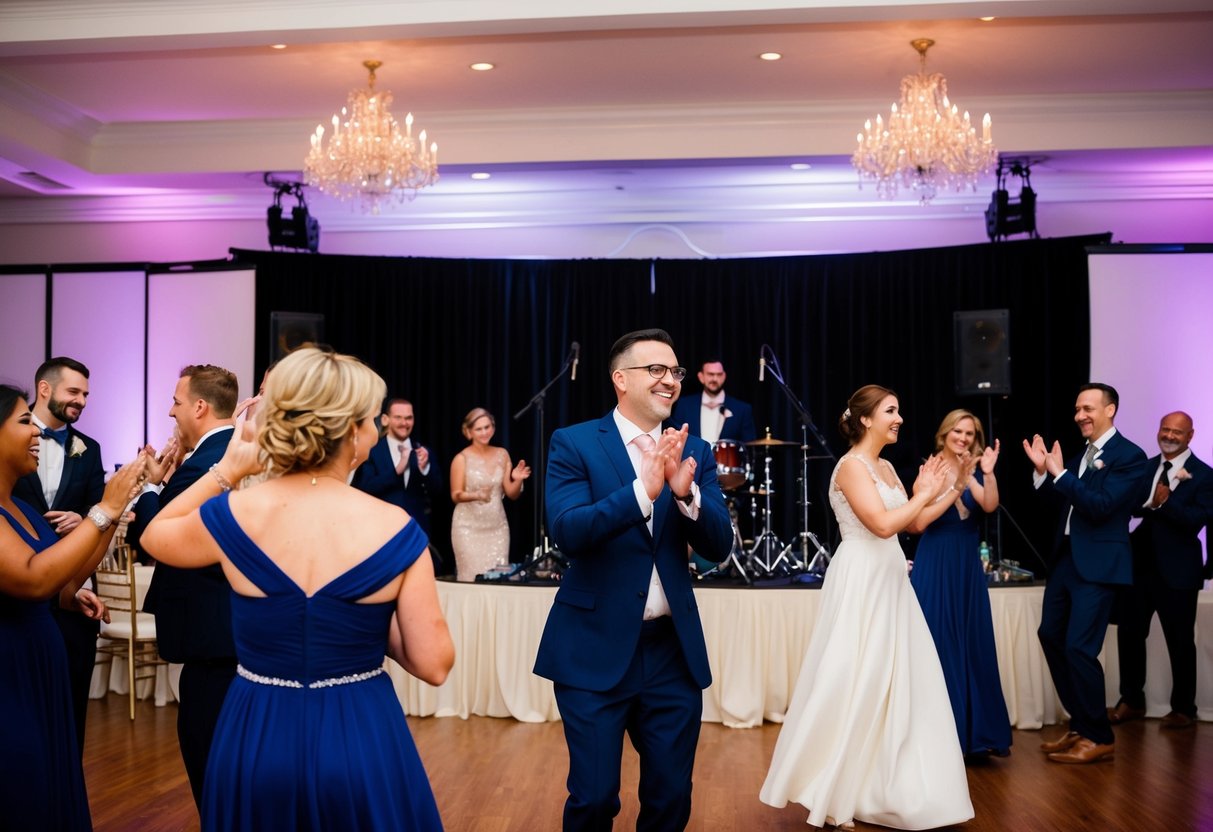 A wedding reception with a live band performing on stage, guests dancing and clapping along to the music