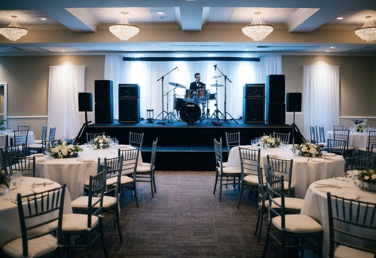 A wedding venue with a stage set up for a band, complete with musical instruments and sound equipment, surrounded by empty chairs and tables