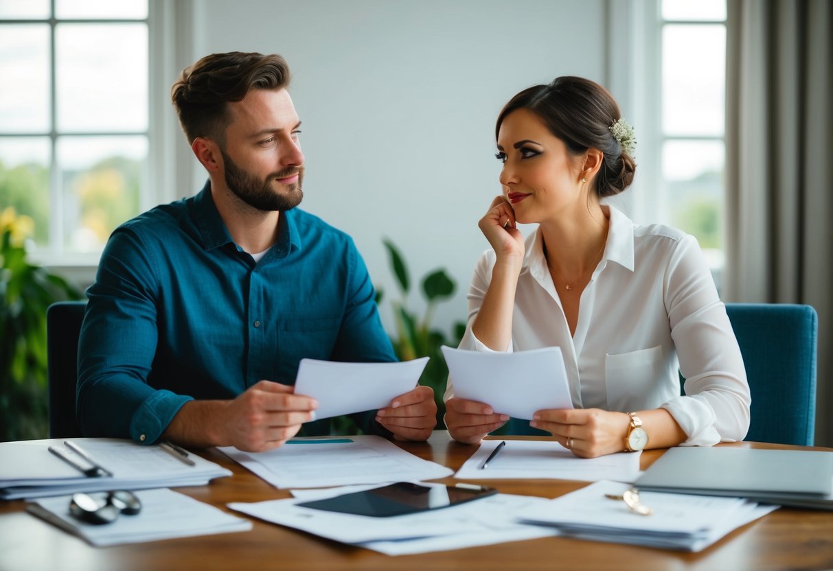 A couple sits at a table, surrounded by wedding planning materials. They look contemplative, weighing the decision of whether to have a band at their wedding
