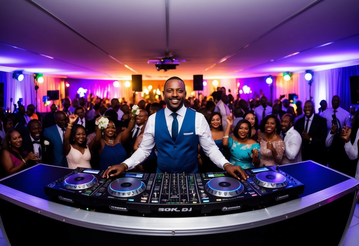 A wedding DJ stands behind a booth, surrounded by colorful lights and sound equipment, playing music for a joyous crowd in South Africa