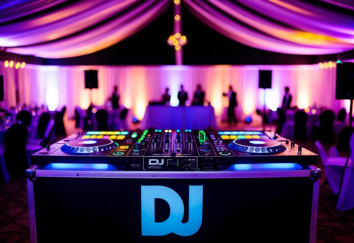 A DJ booth set up at a wedding venue in South Africa, with colorful lights and sound equipment ready for a performance
