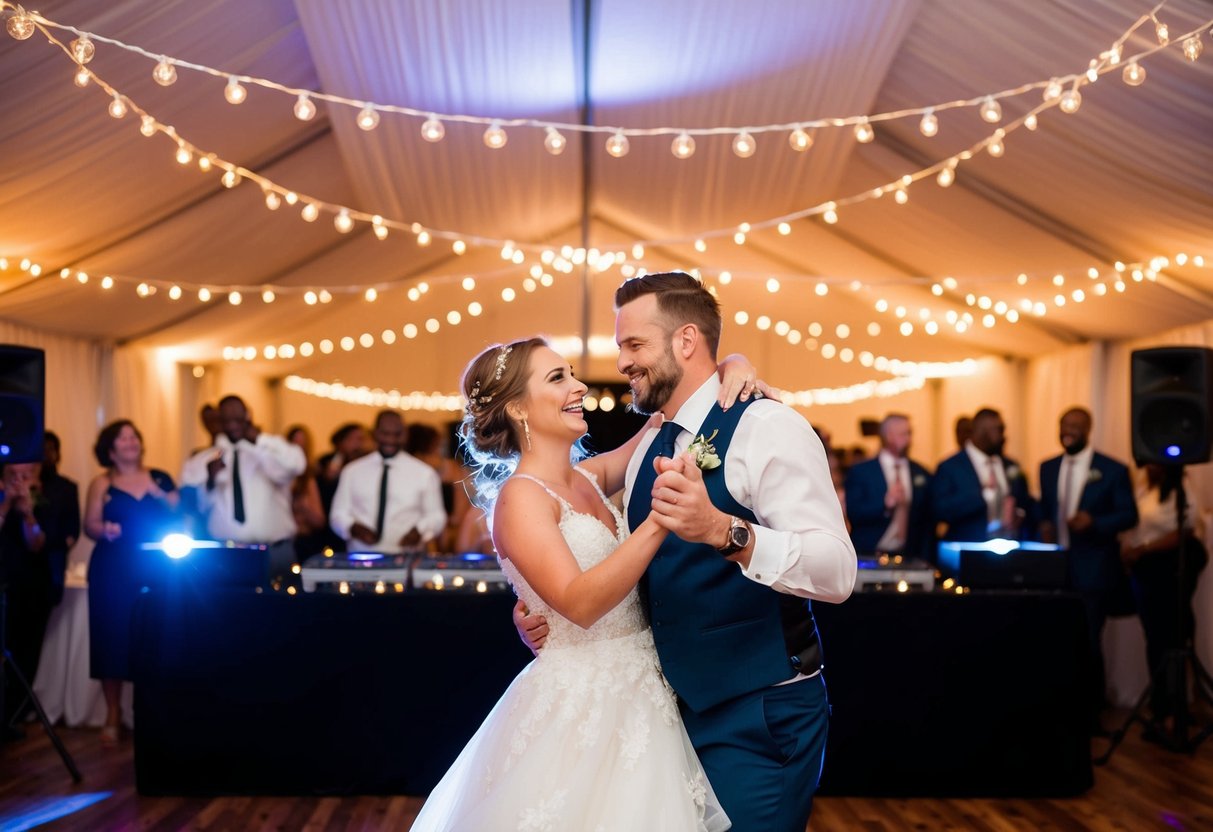 A joyful couple dances under twinkling lights as a DJ booth plays music at a wedding in South Africa
