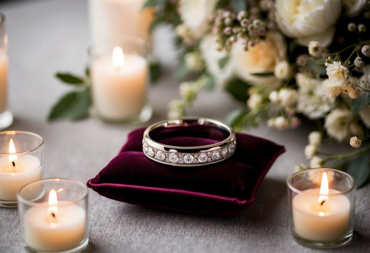 A wedding band resting on a velvet cushion, surrounded by soft candlelight and delicate floral arrangements