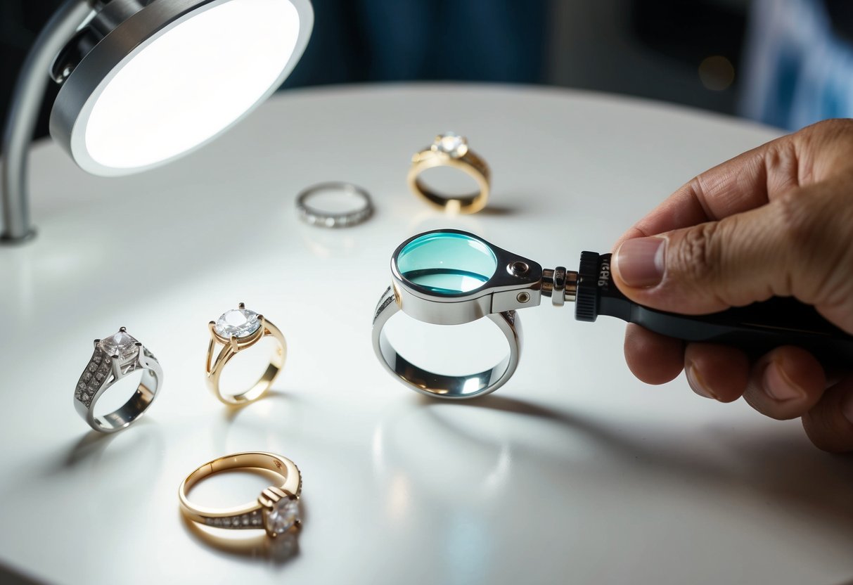 A wedding band being carefully examined under bright light with a jeweler's loupe, surrounded by various other jewelry pieces on a clean, white surface