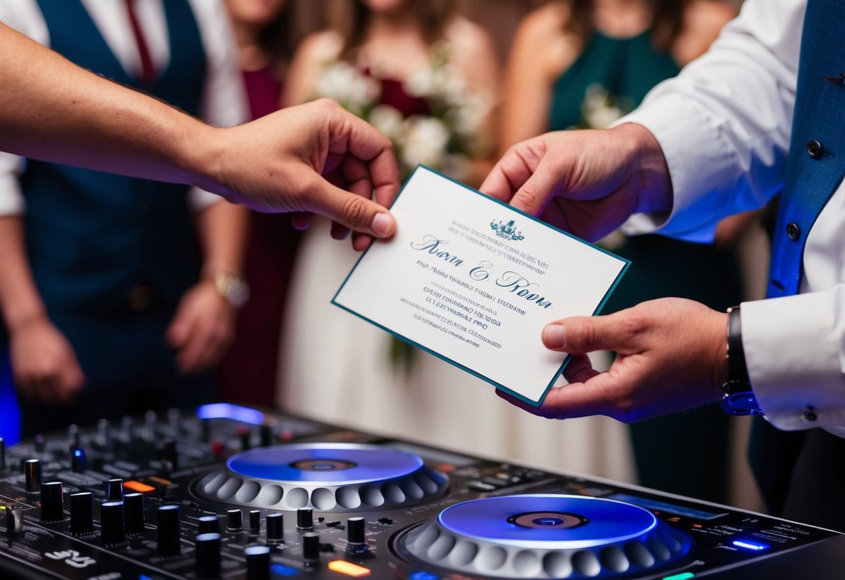 A wedding invitation being handed to a DJ at a reception