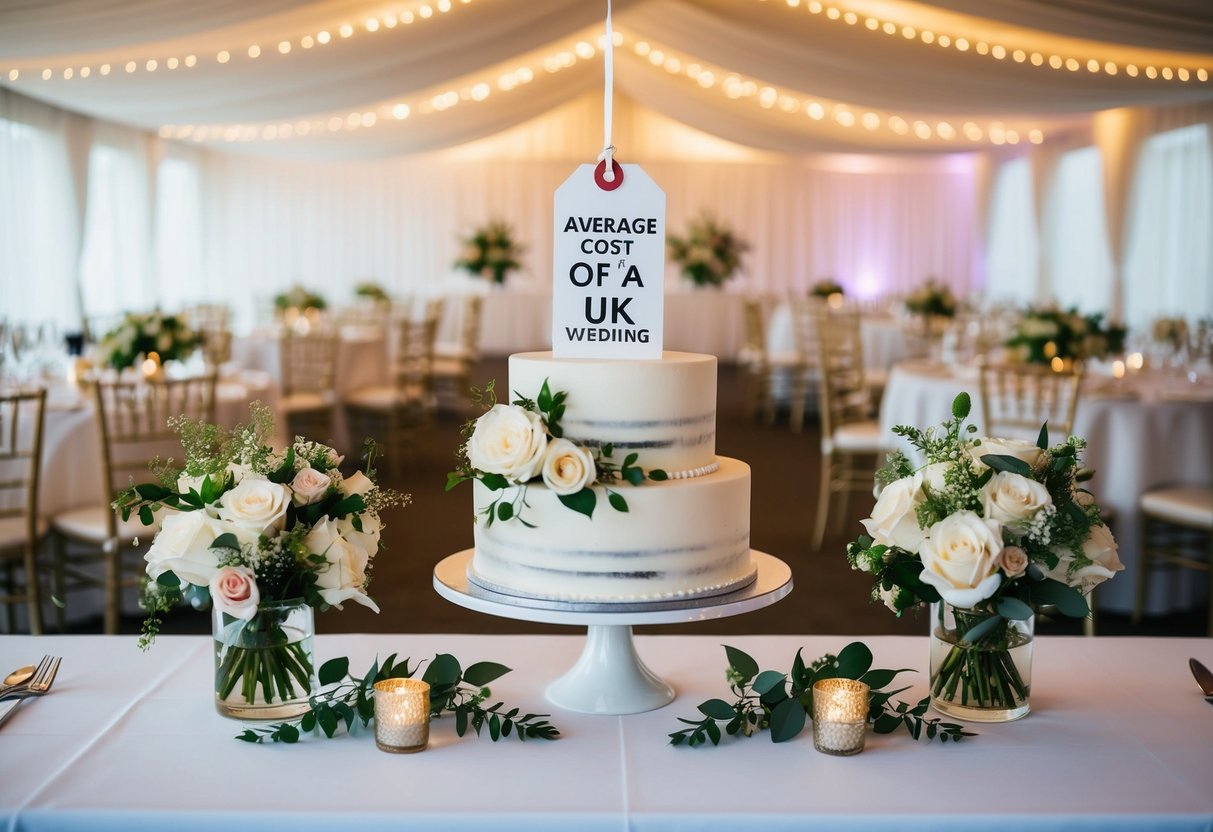 A wedding cake, floral arrangements, and venue decorations surround a price tag with the average cost of a UK wedding
