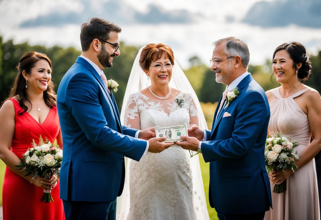 The groom's parents are shown presenting a financial contribution to the wedding, symbolizing their support and involvement in the celebration