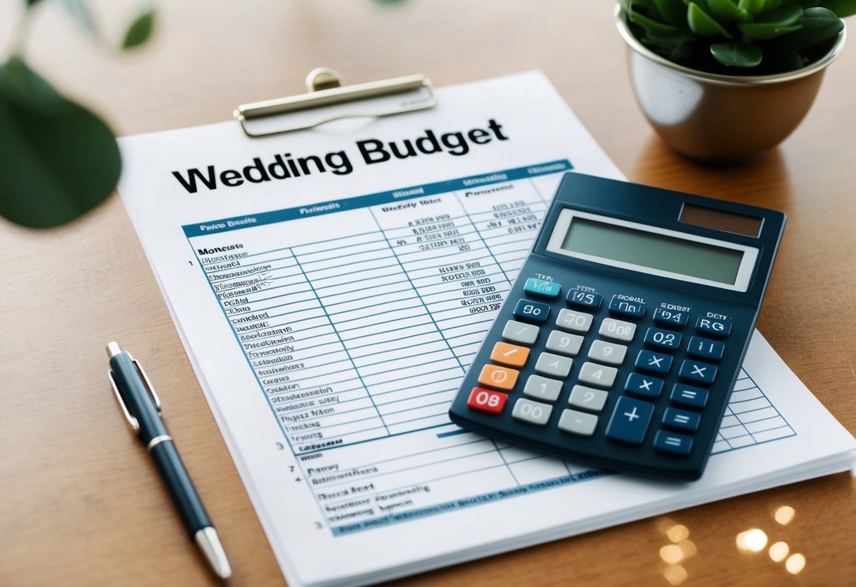 A wedding budget spreadsheet with itemized costs and a calculator