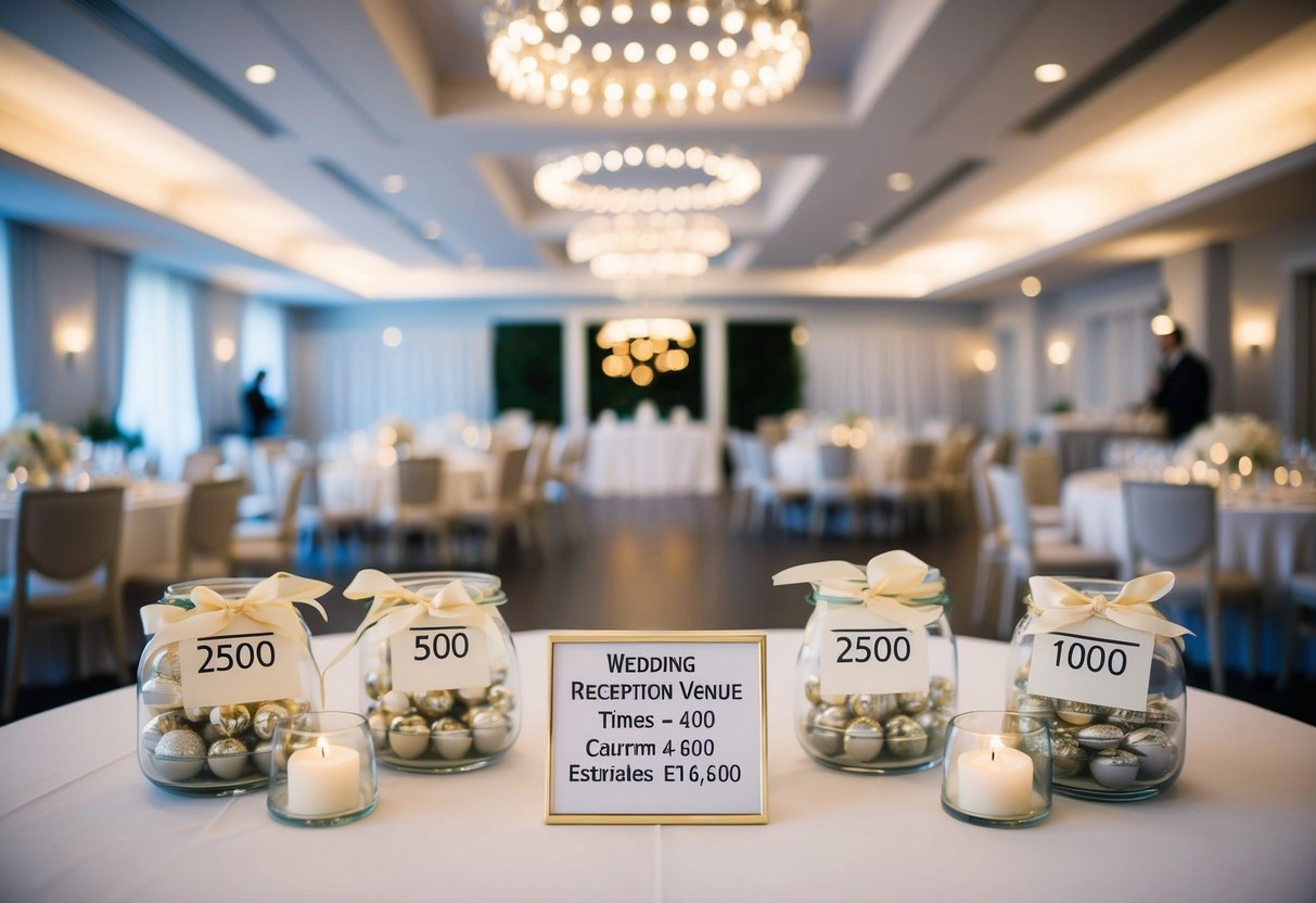 A wedding reception venue with varying guest counts and times, surrounded by different cost estimates for UK weddings