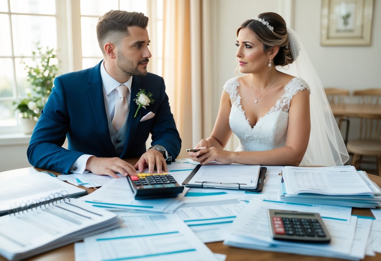 A bride and groom sit at a table covered in spreadsheets and receipts, surrounded by wedding magazines and a calculator. They look stressed as they discuss their budget