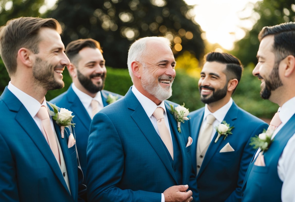 The groom's dad stands next to the groomsmen, wearing a matching suit and boutonniere, as they all chat and laugh together