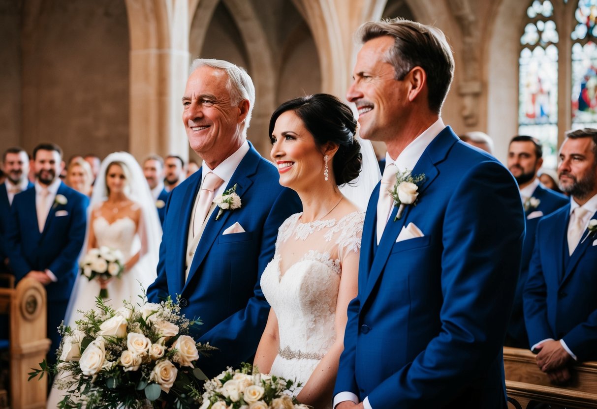 The father of the groom stands proudly next to the groom, smiling as they both look towards the bride and groom at the altar
