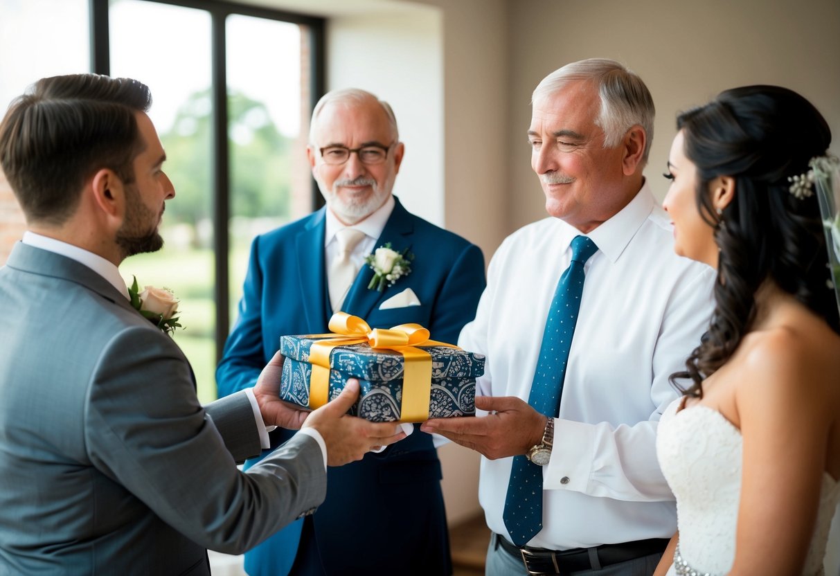 The groom's dad receives a gift from the bride's family, symbolizing his financial contribution to the wedding. He is also seen discussing responsibilities with the groom
